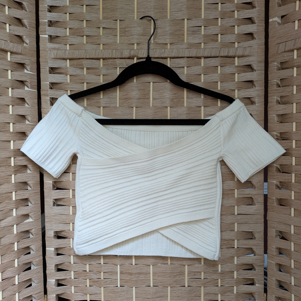 Aerie Cream Ribbed Off-Shoulder Crop Top